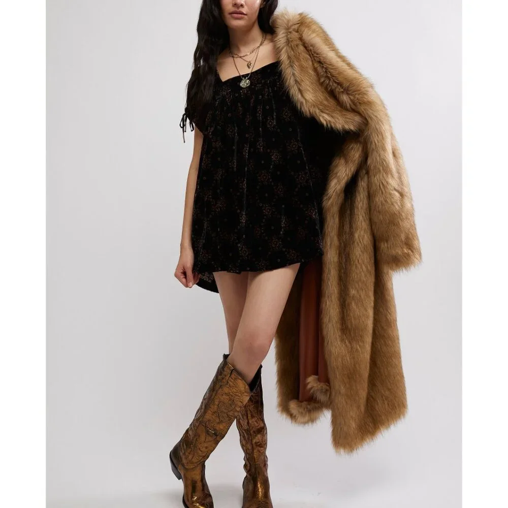FP Velvet Short Sleeve Square Neck Mini Dress - Black with Metallic Print - Picture 8 of 16